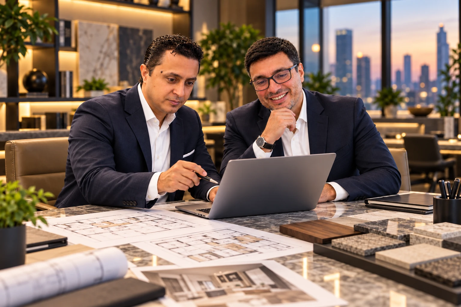 The DapproServ founders reviewing plans, material samples, and a project on a laptop